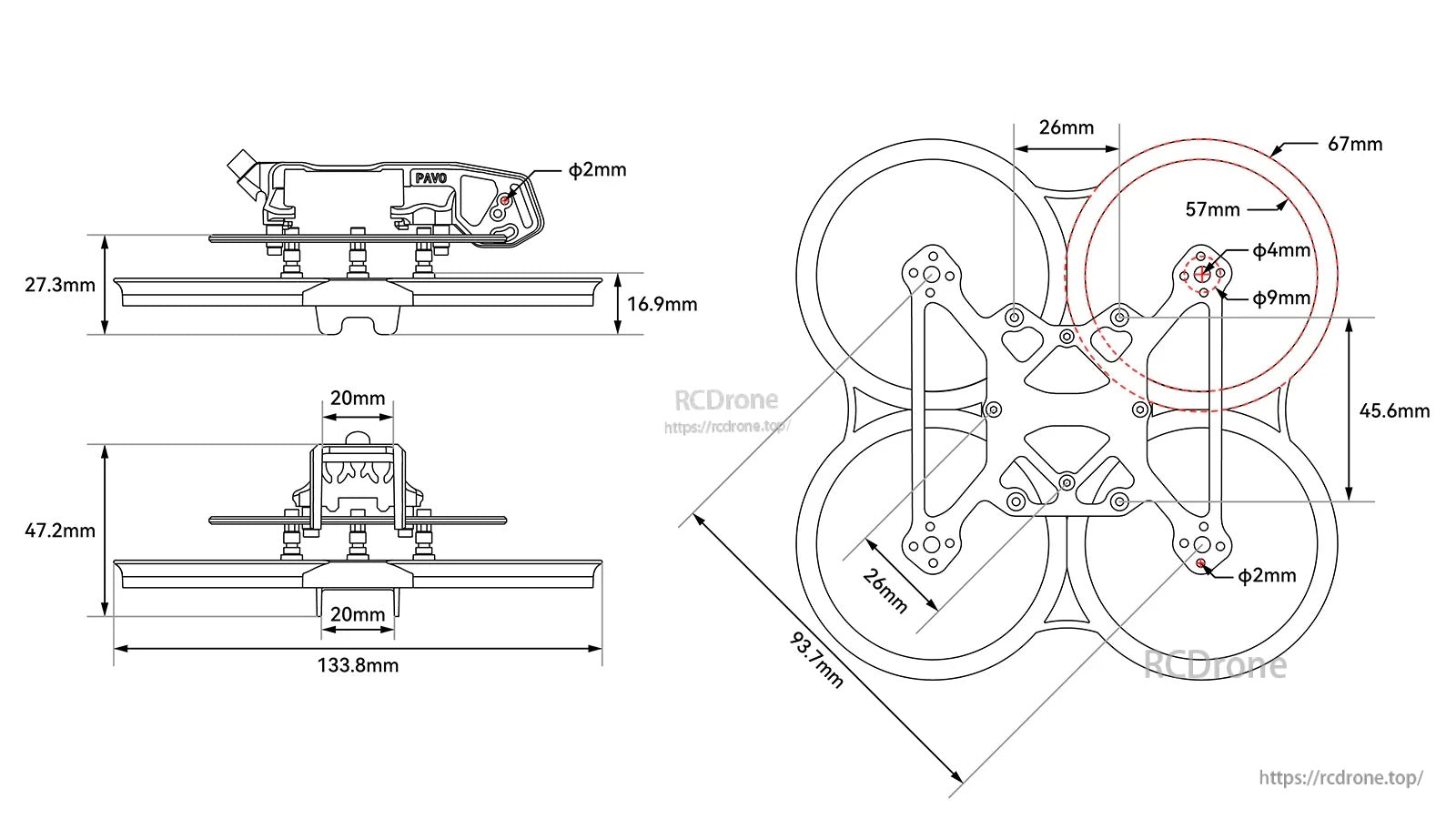 Pavo20 Pro frame dimension drawing with O3 bracket layout, overall length 133.8mm and duct ring sizes marked