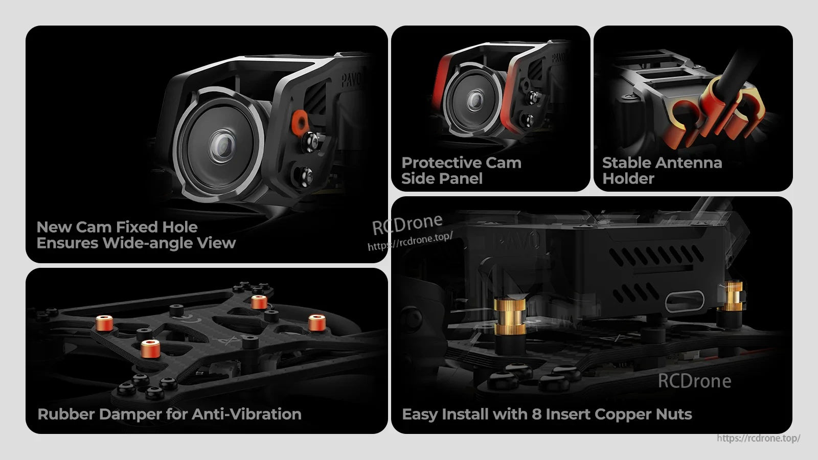 Close-up feature callouts: protective camera side panel, rubber damper anti-vibration, and copper nut inserts for easy installation