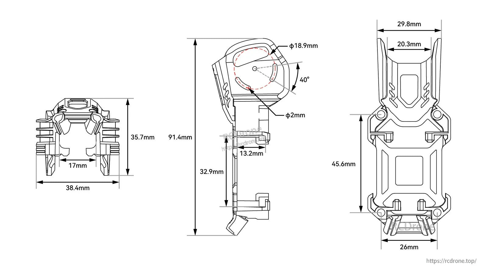 O4 Air Unit Pro bracket drawing with 0–40° tilt range, 30° antenna angle, and mounting dimensions
