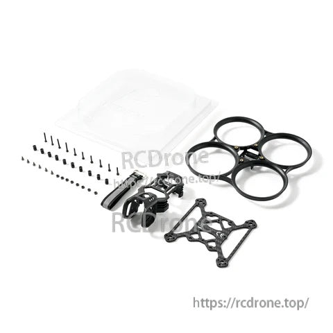 Frame kit parts laid out: ducted frame, top plate, camera bracket, and complete screw set