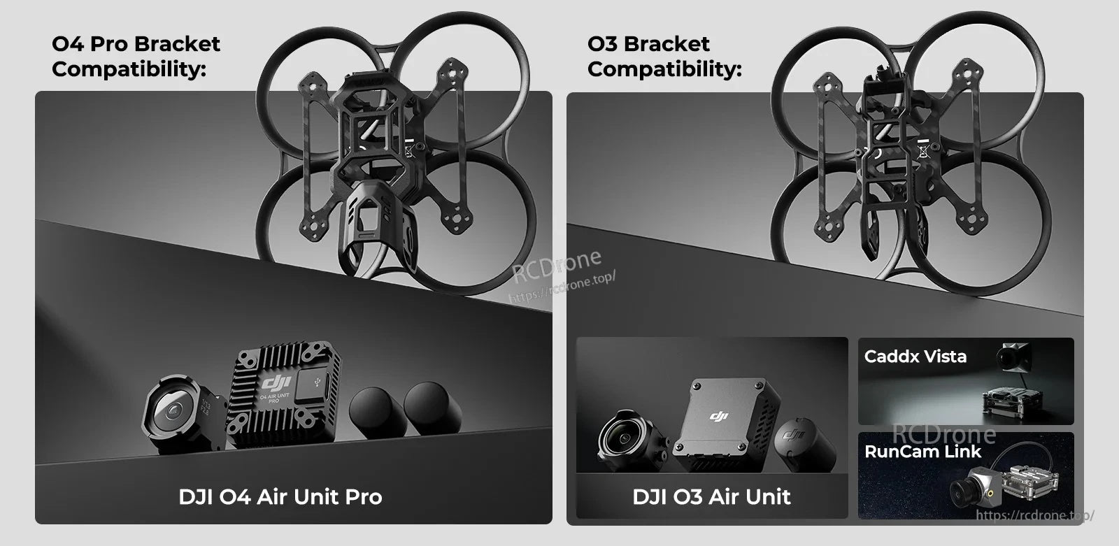 Bracket compatibility graphic for Pavo20 Pro frame: DJI O4 Air Unit Pro bracket and O3 bracket for O3/Vista/RunCam Link