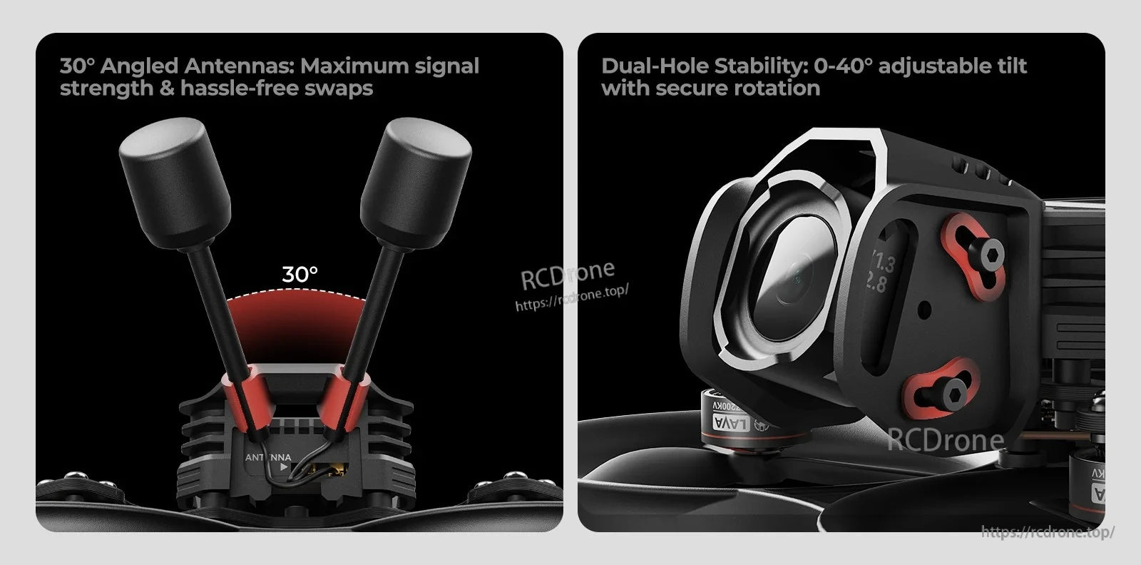 O4 Pro bracket details: 30° angled antenna mounts and dual-hole camera mount with 0–40° adjustable tilt