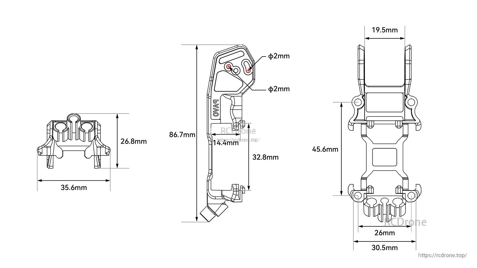 O3 Air Unit bracket technical drawing with mounting dimensions and 19.5mm camera spacing callout