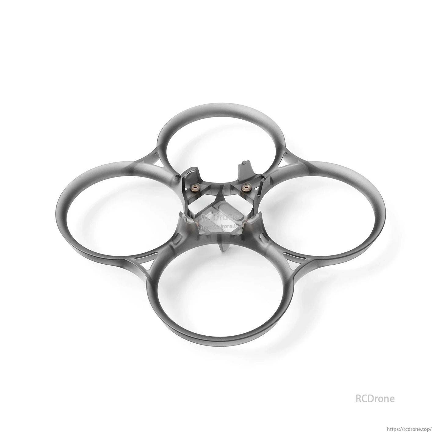 Gray 4-duct whoop frame top view with brass threaded inserts and central mounting bracket