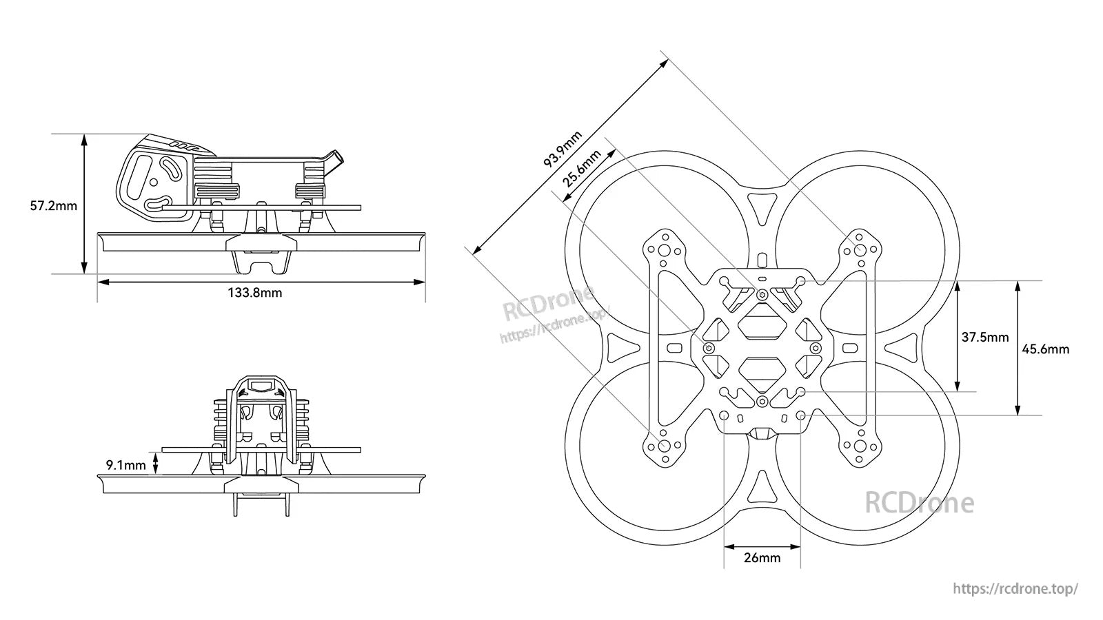 Pavo20 Pro II frame dimension drawing showing 93.9mm wheelbase, 133.8mm length and key mounting measurements