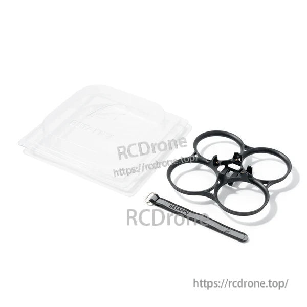 Pavo20 Pro II whoop frame ducts with battery strap and storage box, laid out on a white background