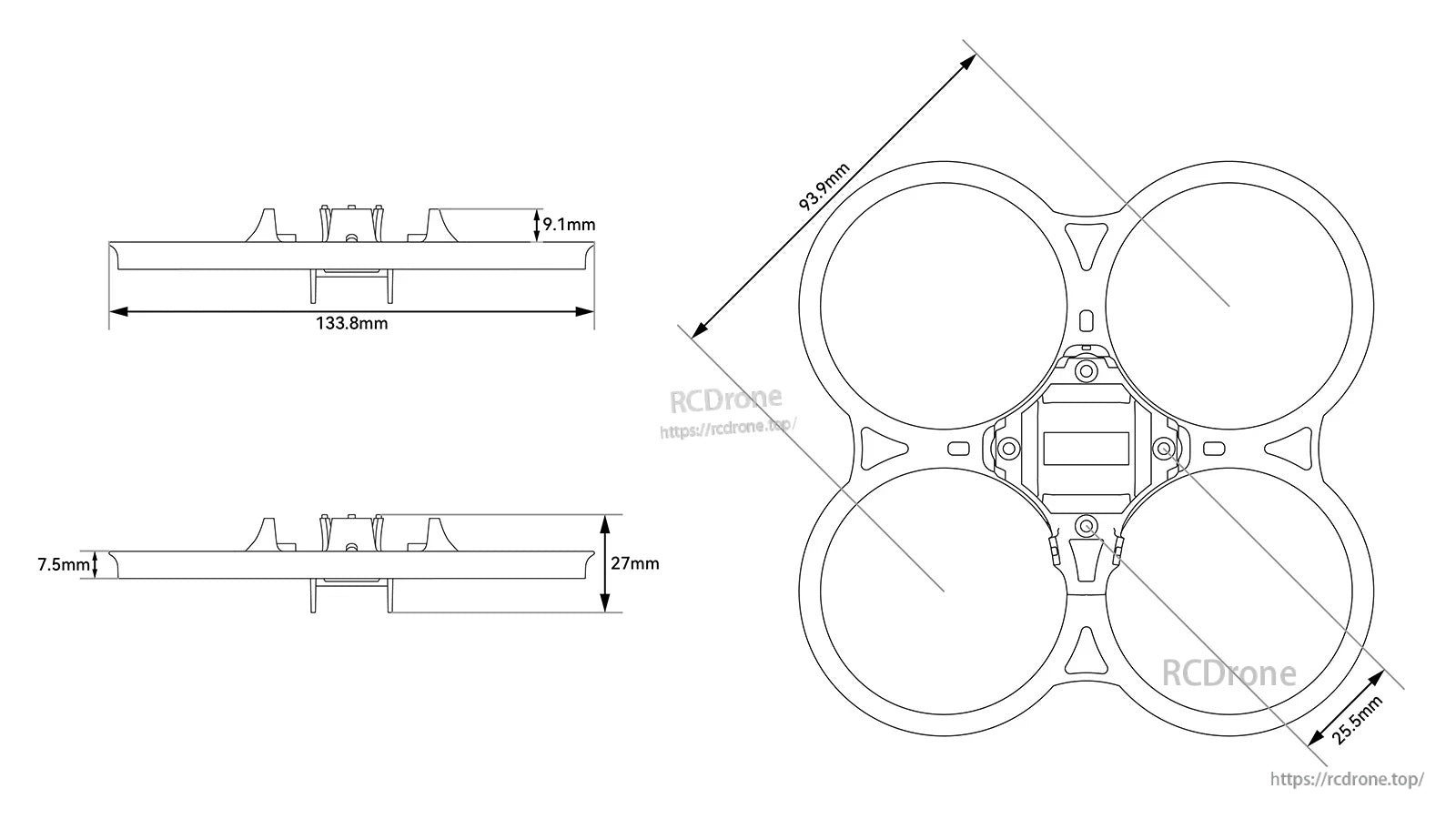 Top and side dimension drawing of the cinewhoop ducts and center frame layout for the Pavo20 Pro II