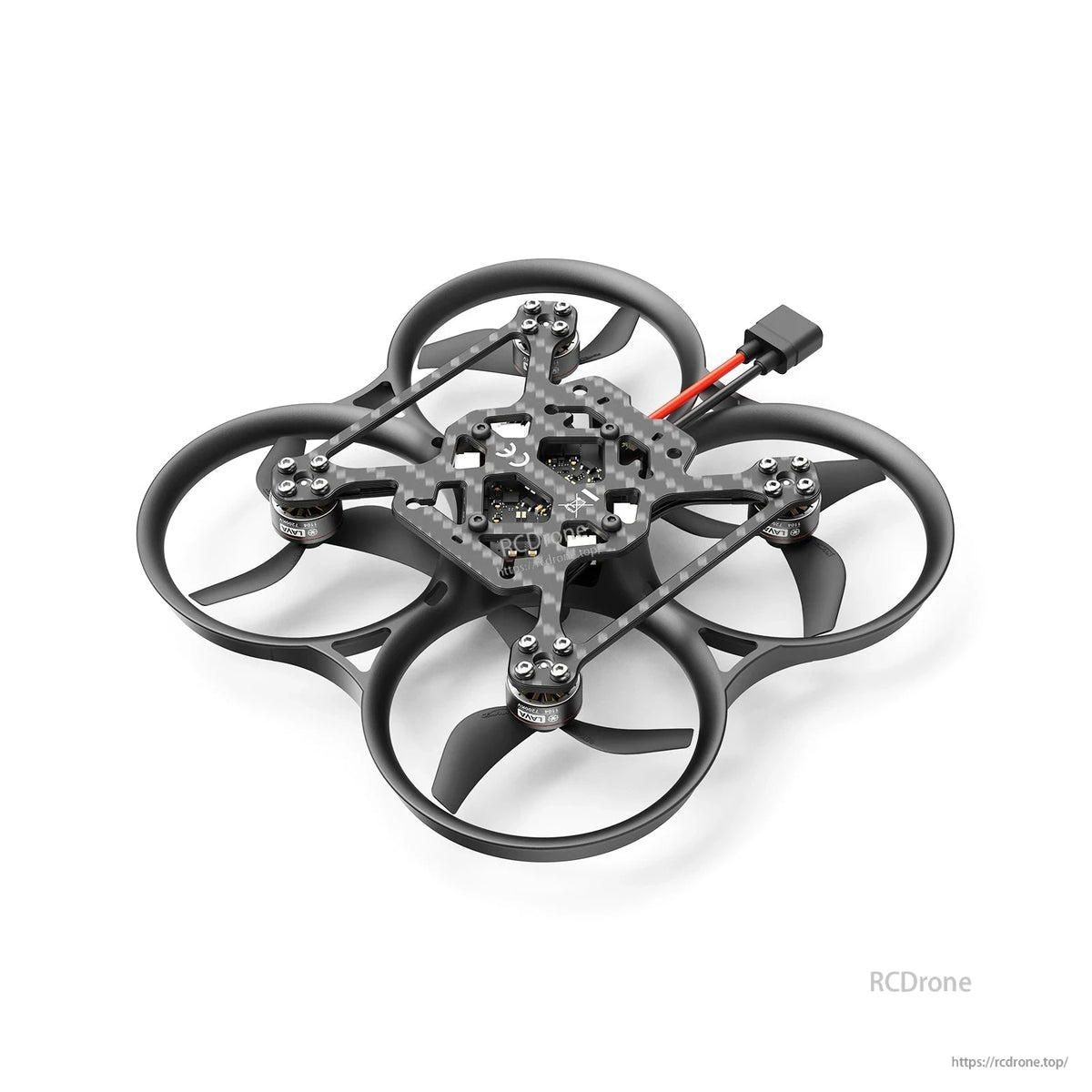 BetaFPV ducted cinewhoop quadcopter with four prop guards, brushless motors, and rear battery lead