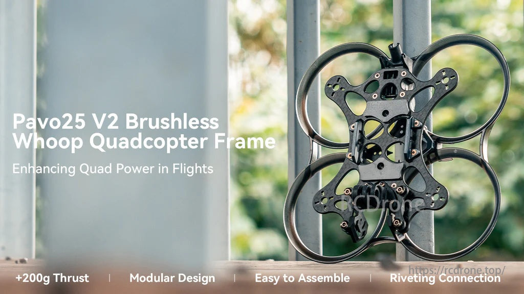 BetaFPV, Pavo25 V2 brushless Whoop quadcopter frame boosts flights with high thrust and modular design for enhanced performance.