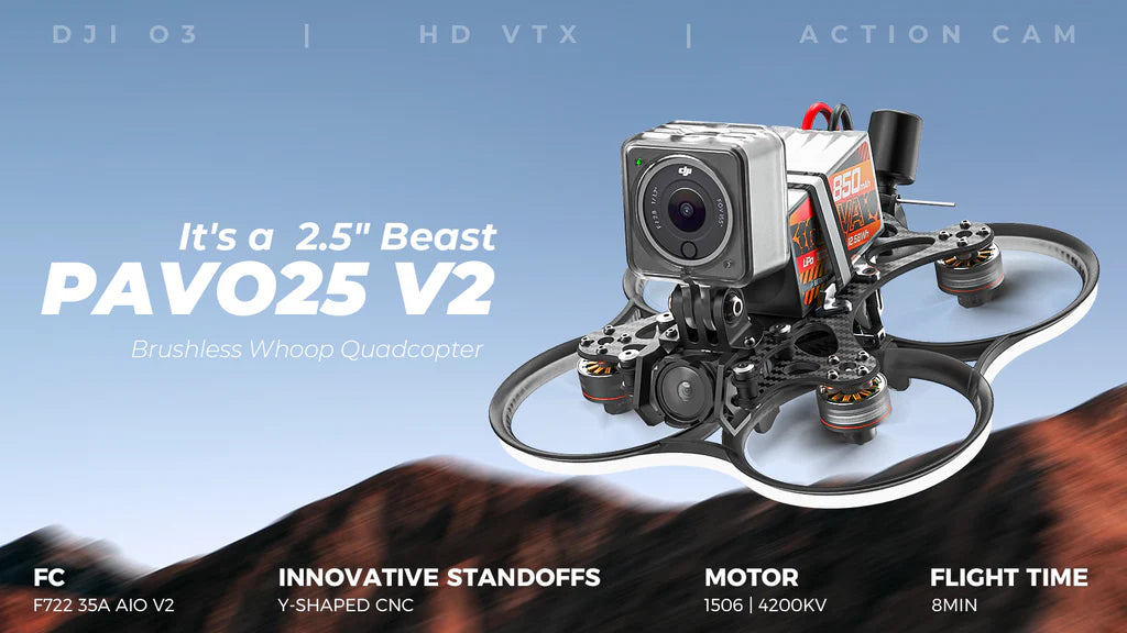 The BetaFPV Pavo25 V2 is a 2.5 inch brushless whoop FPV drone with a 112mm size.