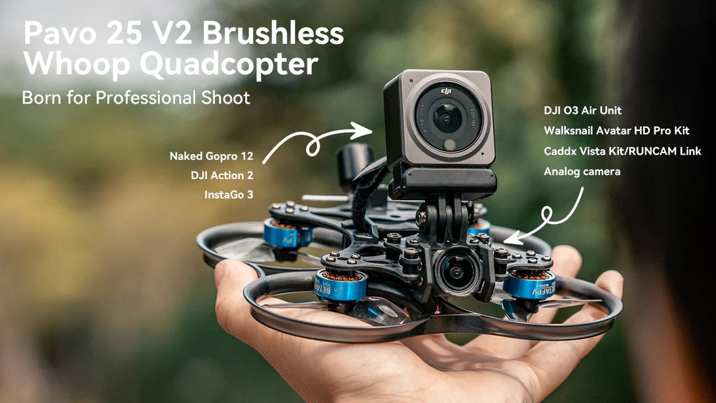BetaFPV Pavo25 V2 brushless whoop FPV drone with DJI O3 Air Unit, Walksnail Avatar, and HD Pro Kit.