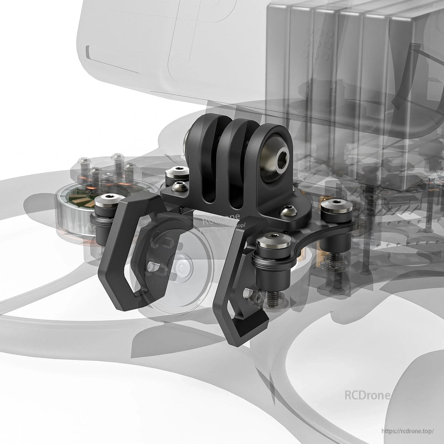Camera mount installed on Pavo35 whoop frame, front bracket position shown with overlay view