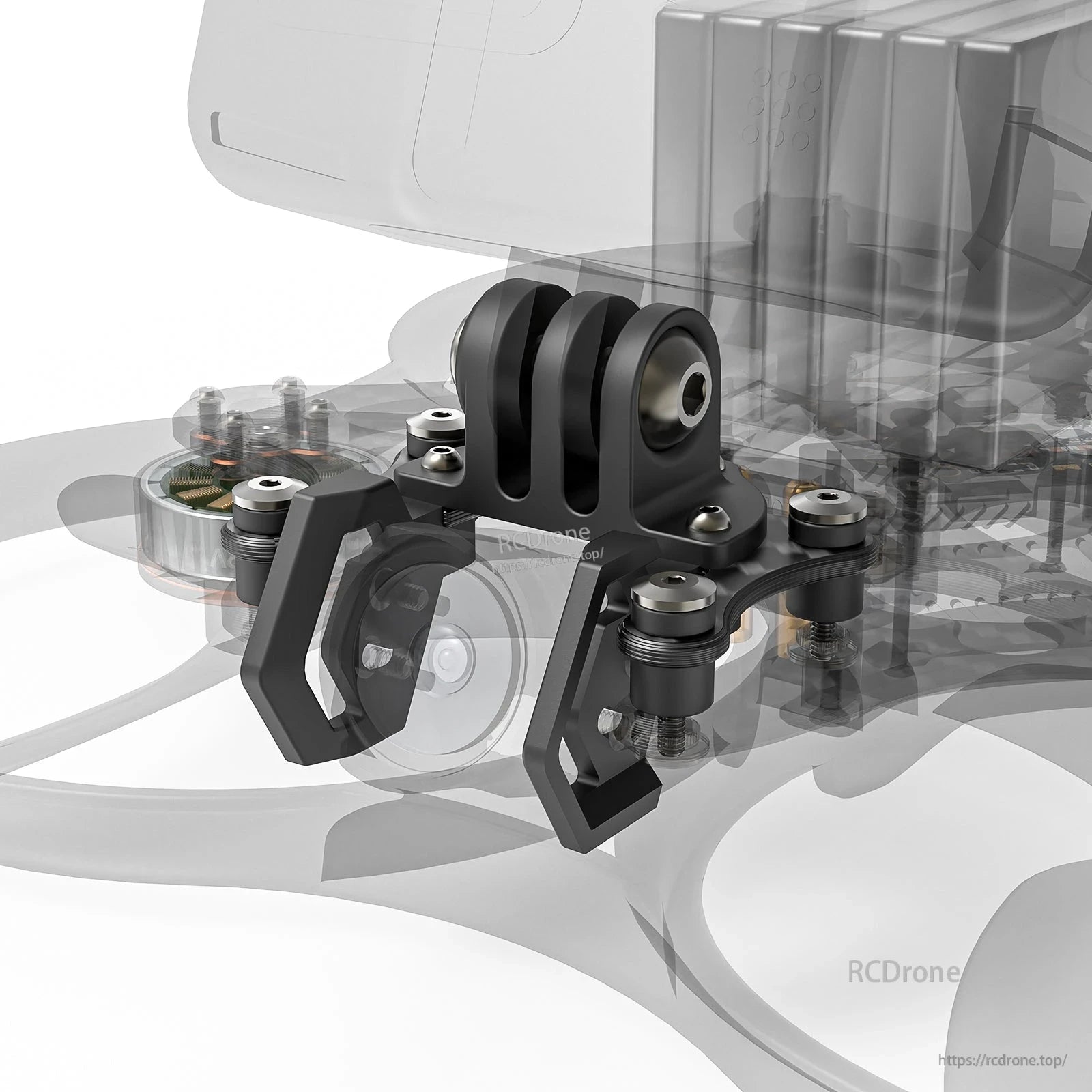 Camera mount installed on Pavo35 whoop frame, front bracket position shown with overlay view