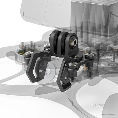 Camera mount installed on Pavo35 whoop frame, front bracket position shown with overlay view