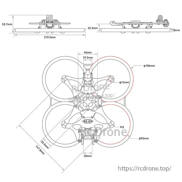 Pavo35 frame dimensions drawing with 148mm wheelbase, 92mm duct diameter, and 210.5mm overall length