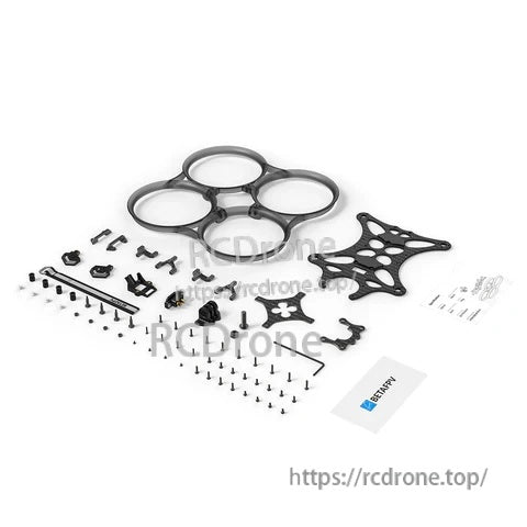BetaFPV Pavo35 frame kit parts layout with duct ring, carbon plates, standoffs, screws, and accessories