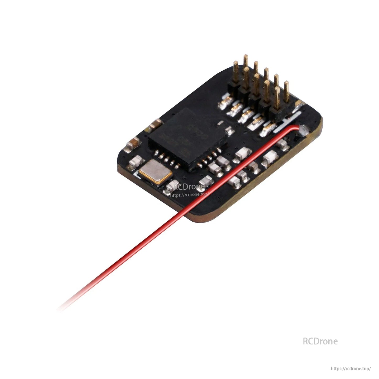 Angled view of BetaFPV SPI Frsky Receiver board with pin header and antenna wire attached