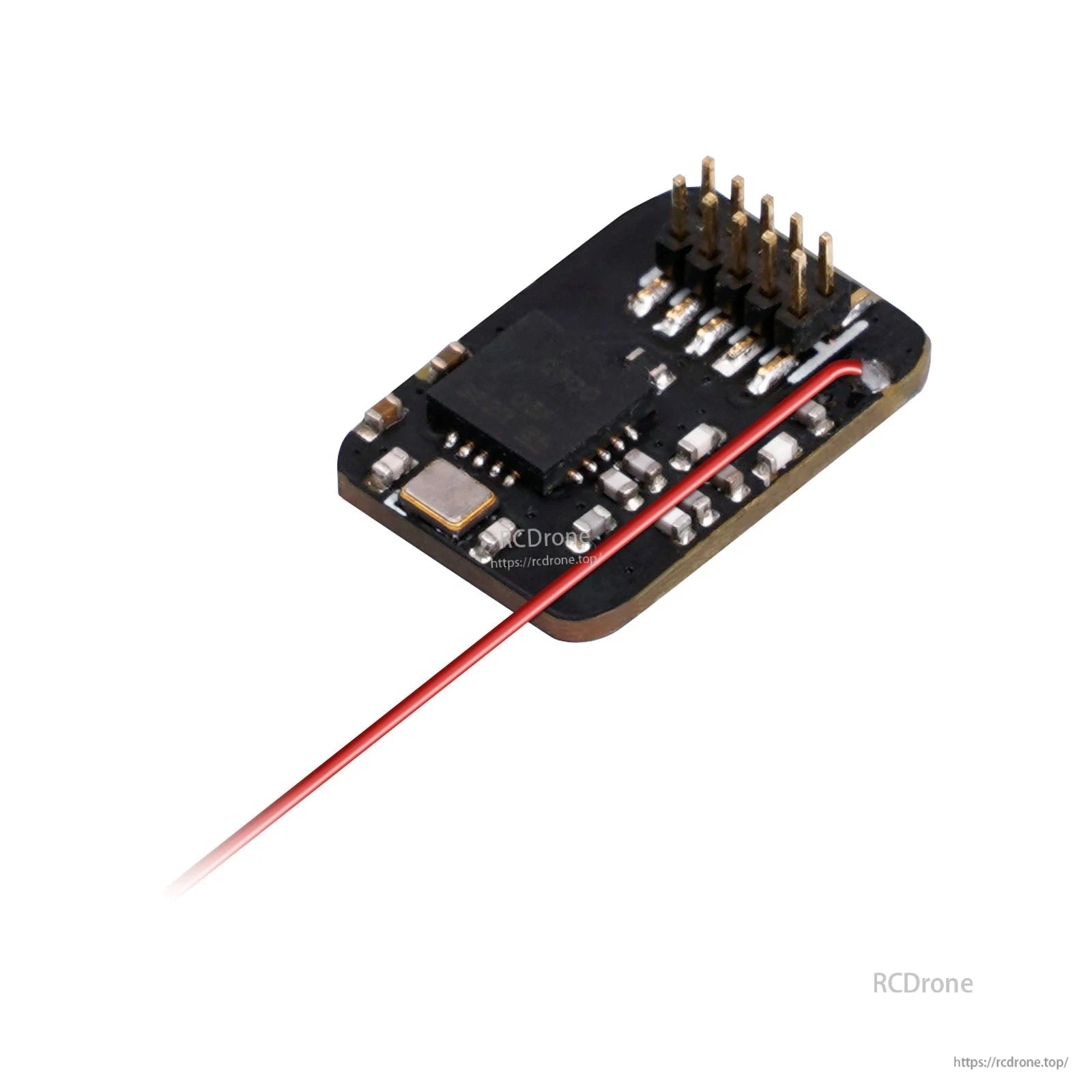 Angled view of BetaFPV SPI Frsky Receiver board with pin header and antenna wire attached