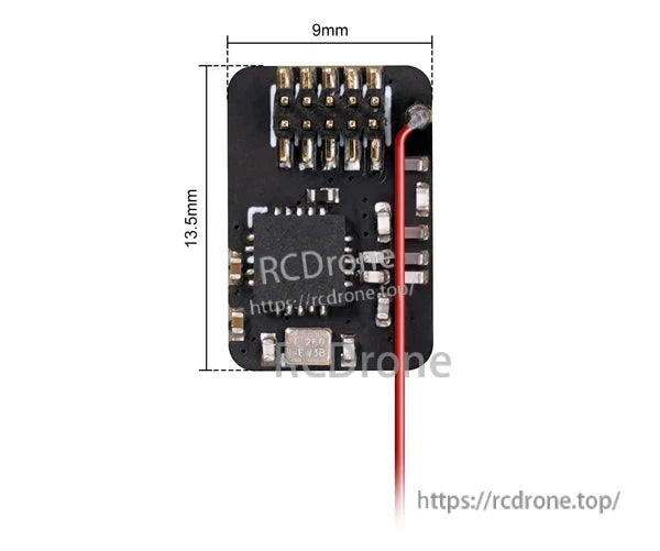 Top view of BetaFPV SPI Frsky receiver module with pin-connector header and 13.5×9 mm size callout