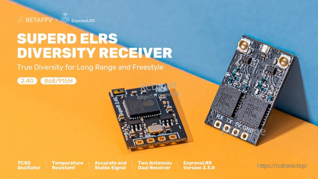 BETAFPV SuperD ELRS Diversity Receiver product overview showing dual-antenna true diversity boards (2.4G and 868/915M)