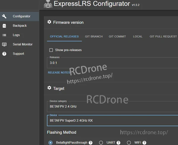 ExpressLRS Configurator screen selecting BETAFPV SuperD 2.4GHz RX target and firmware options for flashing