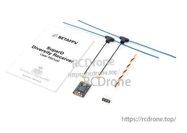 SuperD diversity receiver package layout with two dipole T antennas, manual, wiring lead, and connector pins
