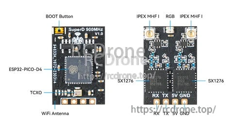Labeled SuperD 900MHz diversity receiver board layout with dual IPEX MHF1 antenna connectors and RX/TX/5V/GND pads