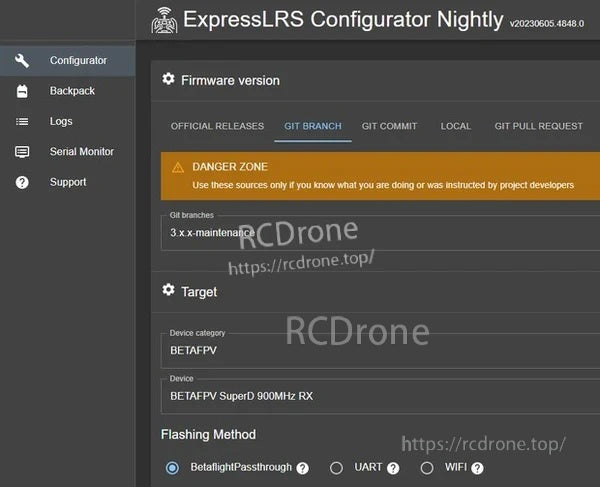 ExpressLRS Configurator Nightly screen selecting BETAFPV SuperD 900MHz RX target under Git branch options