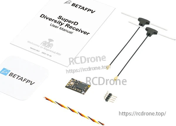 BETAFPV SuperD Diversity Receiver kit contents with receiver board, two dipole T antennas, cable, pin header, and manual