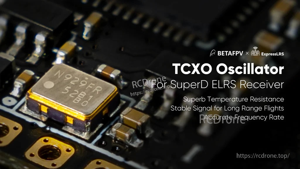 Close-up of the SuperD ELRS receiver TCXO oscillator component for temperature-stable frequency accuracy