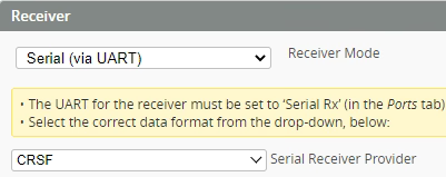 Betaflight Receiver settings selecting Serial (via UART) mode and CRSF as the serial receiver provider