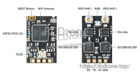 Labeled SuperD 2.4GHz diversity receiver board showing BOOT button, WiFi antenna pad, RGB LED, and RX/TX/5V/GND pads