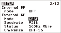 Radio setup screen highlighting CRSF protocol selection for an external RF module