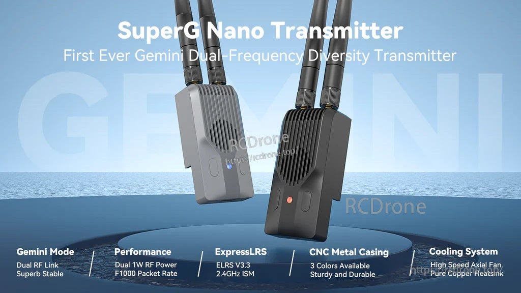 BETAFPV SuperG Nano Transmitter ELRS 2.4GHz module with dual antennas and CNC metal case