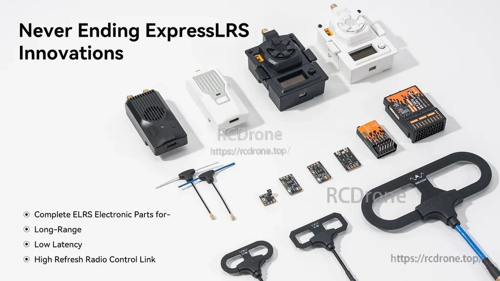 Exploded kit lineup showing transmitter module, antennas, adapter parts and ELRS electronic components