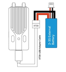 Wiring diagram showing XT30 external battery connected via an XT30-to-USB adapter cable to the module