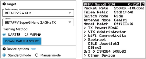 ExpressLRS configurator and radio menu screenshot selecting BETAFPV SuperG Nano 2.4GHz TX target