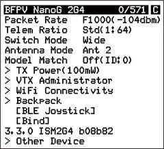 ExpressLRS device menu showing options like TX power, WiFi connectivity, backpack and bind