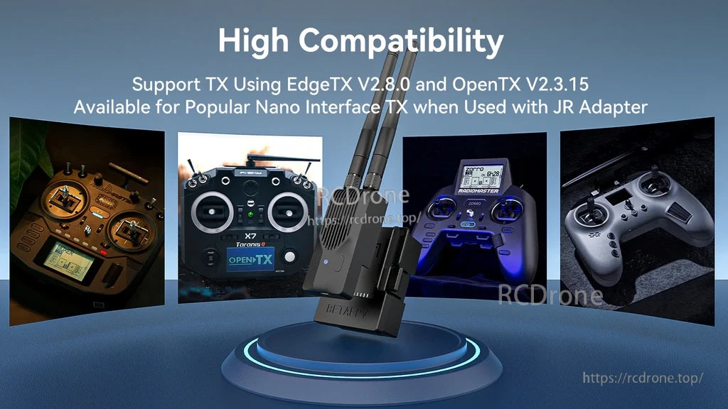 Compatibility banner showing the module with popular EdgeTX/OpenTX radios using CRSF external module bay