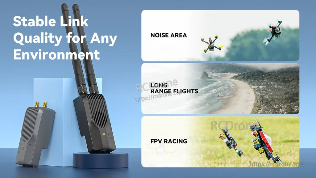 Lifestyle banner highlighting stable link quality for noise areas, long-range flights and FPV racing