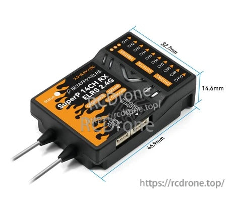 BETAFPV SuperP 14CH Diversity Receiver dimensions view showing compact case and USB‑C port on the side