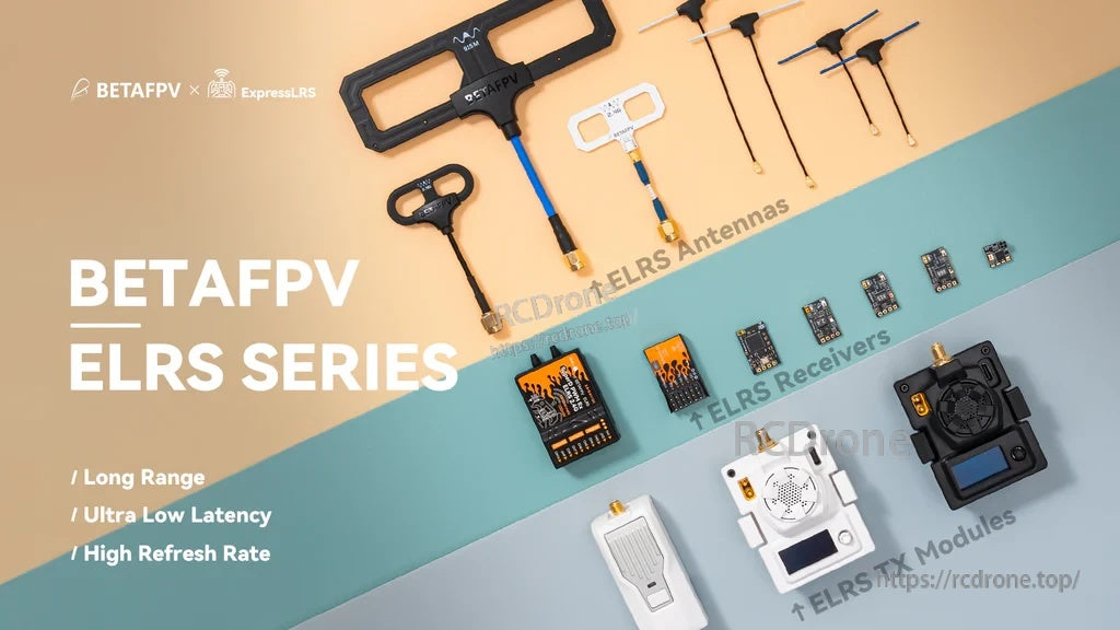 BETAFPV ELRS series lineup image with antennas, receivers, and modules arranged on a tabletop