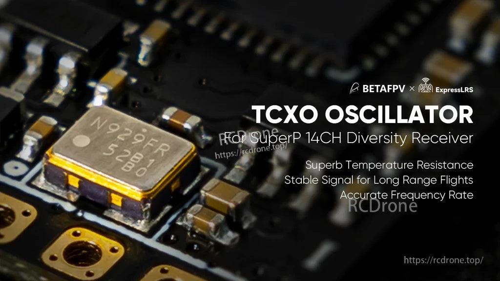 Close-up of the onboard TCXO component on the receiver PCB for improved frequency stability