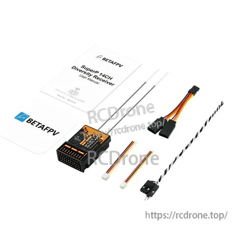 Package contents including SuperP 14CH diversity receiver, documentation, wiring harnesses, and antenna
