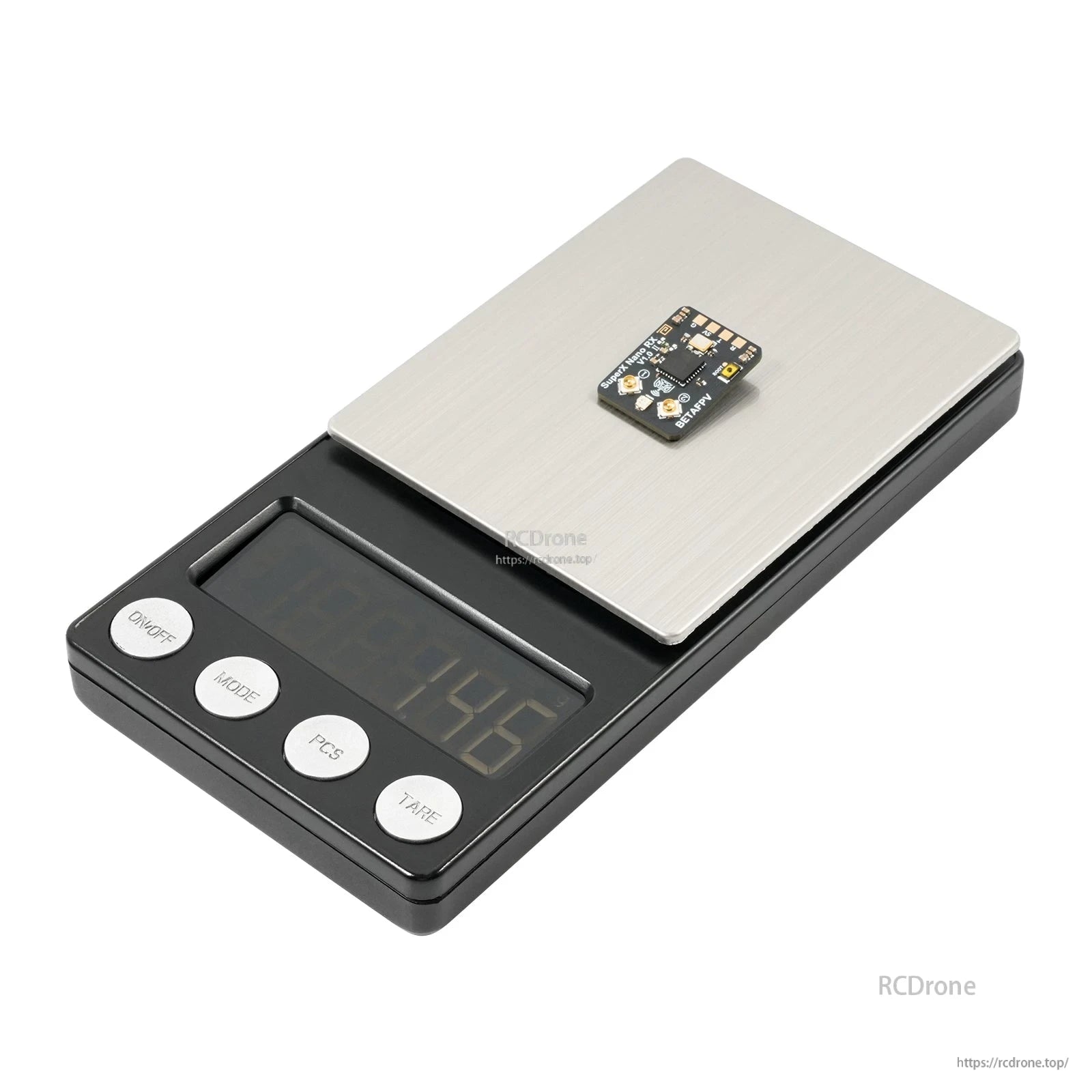 Receiver board placed on digital scale for weight reference, angled view