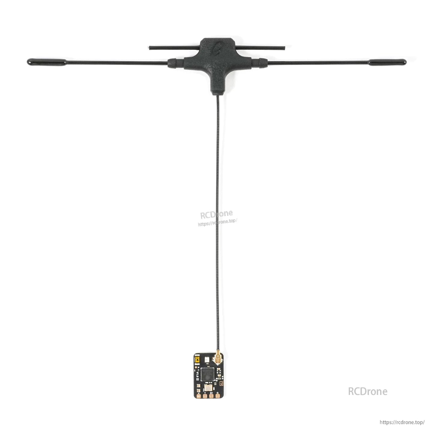 Single T antenna connected to receiver board, full-length antenna lead shown