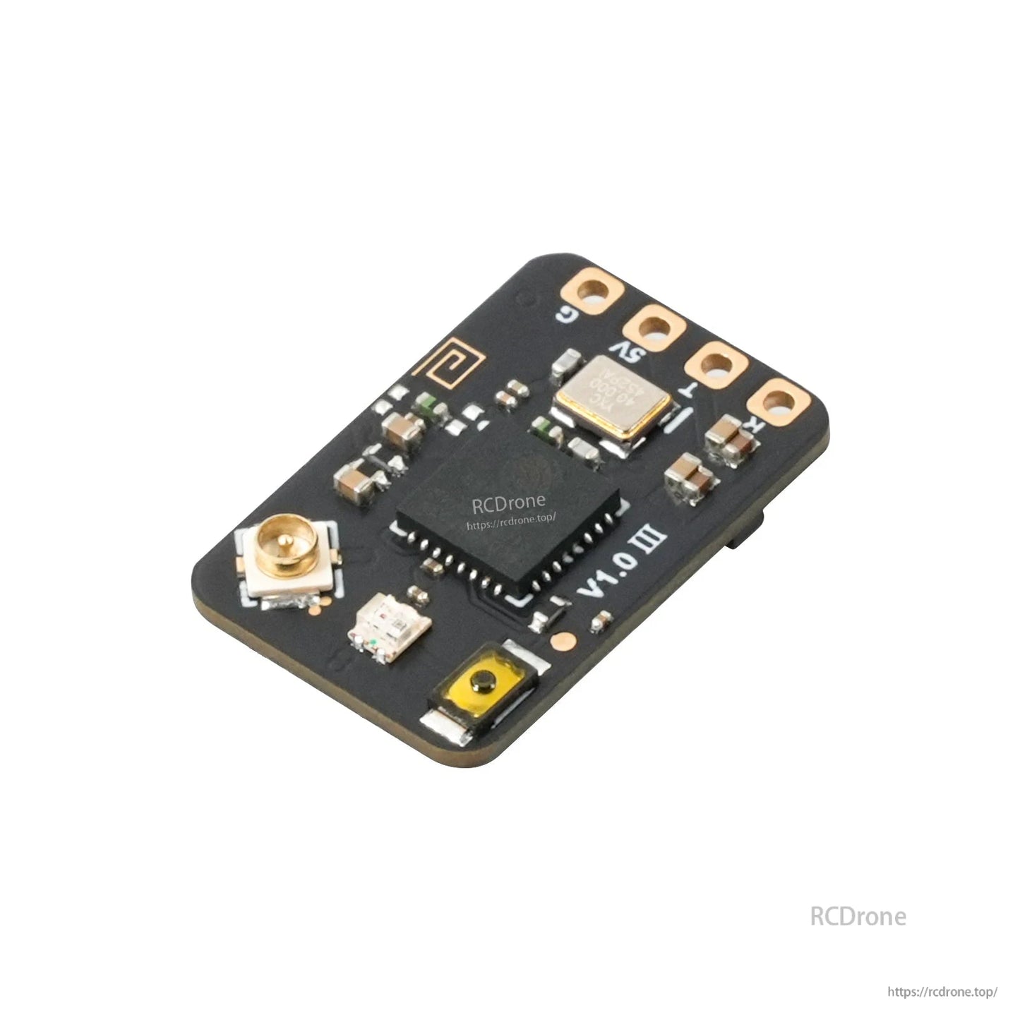 Close-up of receiver PCB side with antenna connector, chips, and solder pads