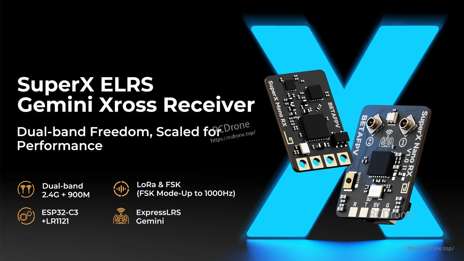 BetaFPV SuperX ELRS Gemini Xross Receiver overview with dual-band 900MHz/2.4GHz, ESP32-C3 and LR1121