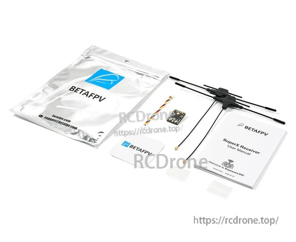 In-the-box contents: BetaFPV SuperX receiver, dual-band T-style antenna, pigtail leads, sticker, and user manual
