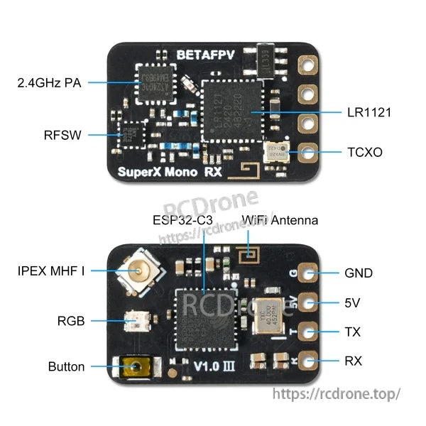 SuperX Mono RX layout with labeled LR1121, TCXO, ESP32-C3, single IPEX MHF I antenna connector and pads